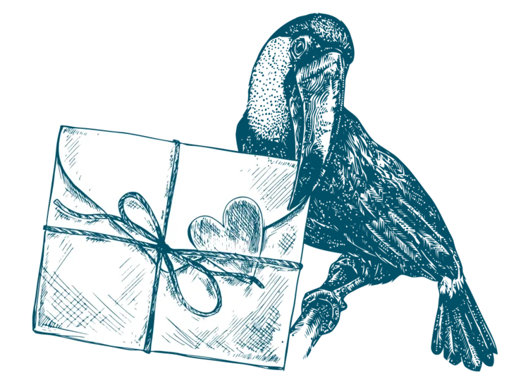CDS_Symbol_Tucan_Geschenk_webp Blauer Tucan auf transparentem Hintergrund mit einem Geschenk im Schnabel.